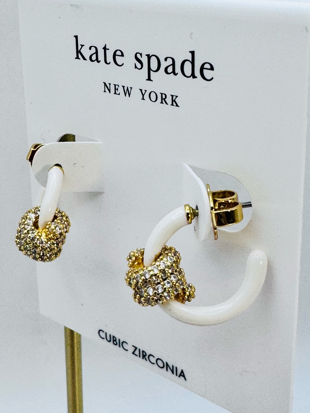 Kate Spade Ropes & Knots Pavé Huggies White Enamel Gold Tone Clear Crystals